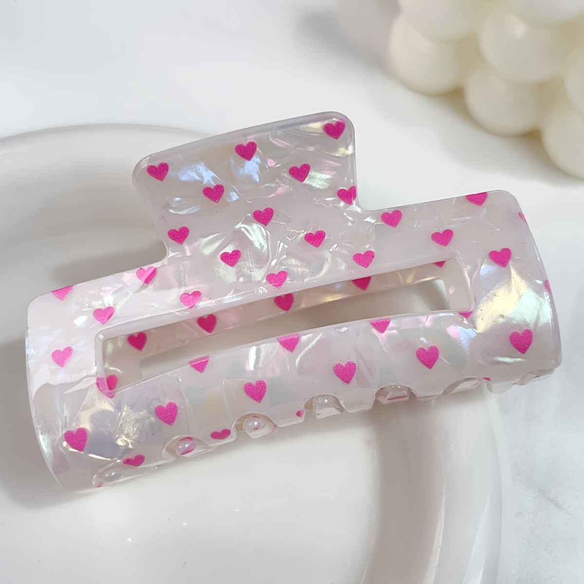 Image of Valentine's Day Acrylic Hair Claw Clip – Pink Heart Pattern Non-slip Clip For Women, Medium Size Hair Accessory, Suitable For Thick/thin Hair