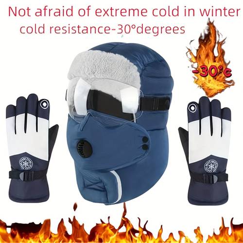 2pcs Winter Thermal Outdoor Sports Suit - All-in-One Face Mask, Earmuffs, Glasses, Scarf & Gloves with Thick Windproof Ear Protection & Stretchable Hands, Suitable for Cycling, Skiing - Men's & Women's Cold Weather Gear