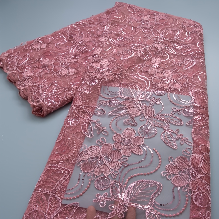 Image of 5 Yards African Mesh Lace Fabric With Floral Embroidery And Sparkling Sequin, High Quality Nigerian Net Lace Material For Wedding/party/daily Sewing