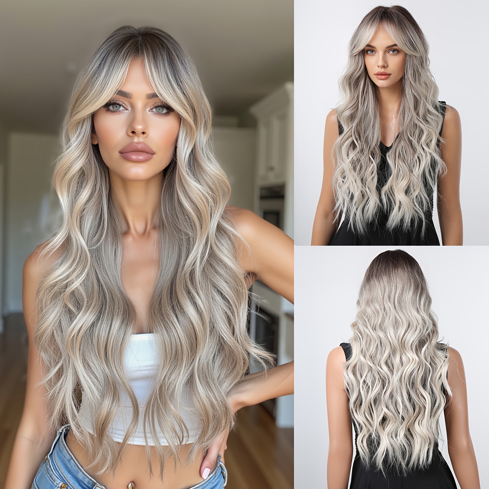 

Elegant 26" Gray Ombre Ivory Wig With Bangs And - Body Wave, High-density Synthetic Hair For Women | , Parties & Cosplay