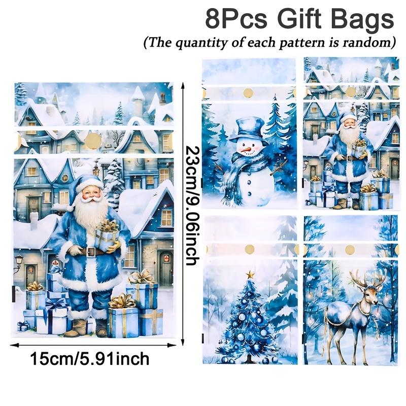 TEMU 8pcs Christmas Drawstring Gift Bags, 15*23cm Ribbon Gift Packaging Bags, Blue Watercolor Santa Snowman Reindeer Xmas Tree Designs Plastic Party