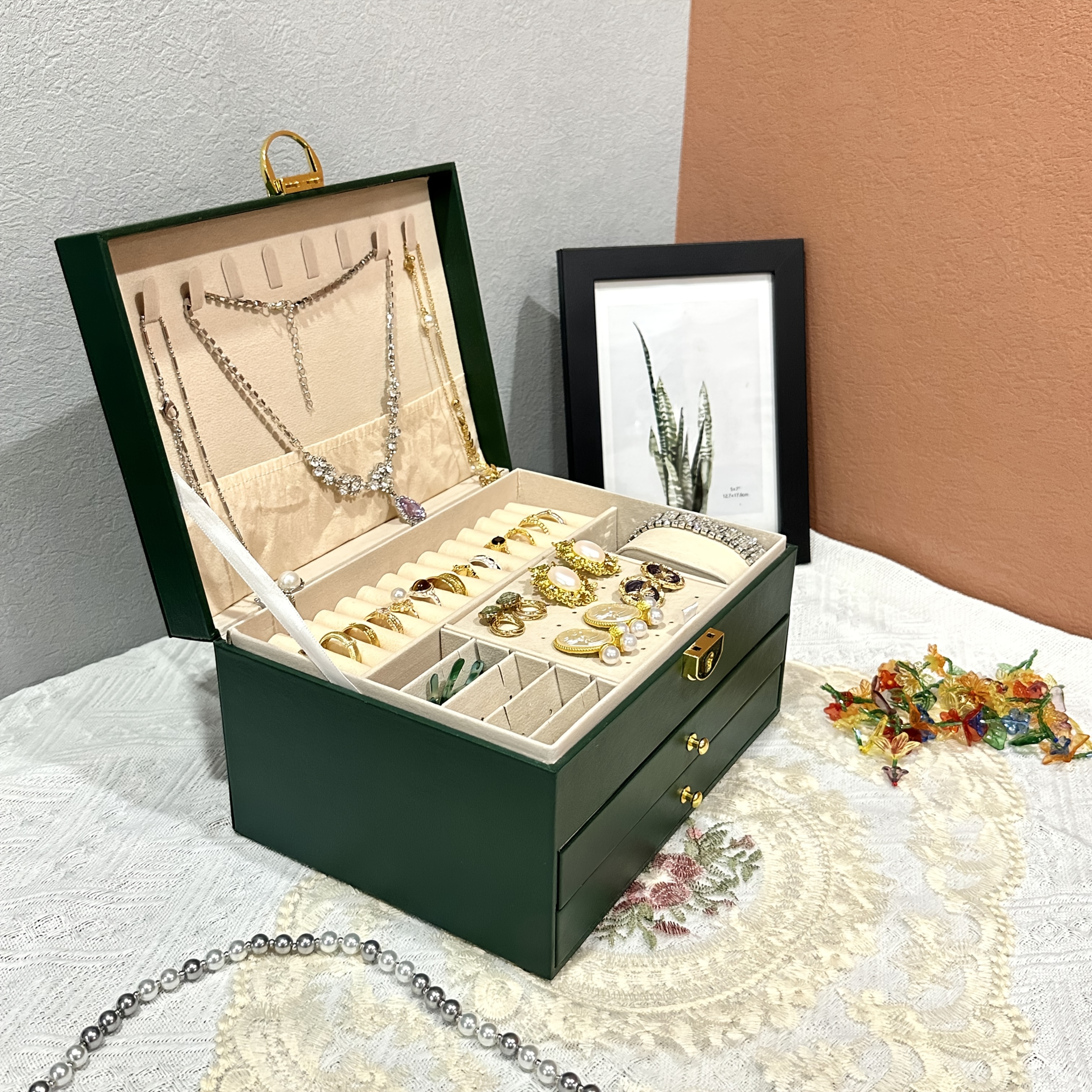 lockable jewelry organizer box with drawers multi layer anti   storage for necklaces earrings bracelets classic synthetic   leather design with fabric lining   home vanity display holiday gifts halloween thanksgiving jewelry box jewelry boxes Product details 0