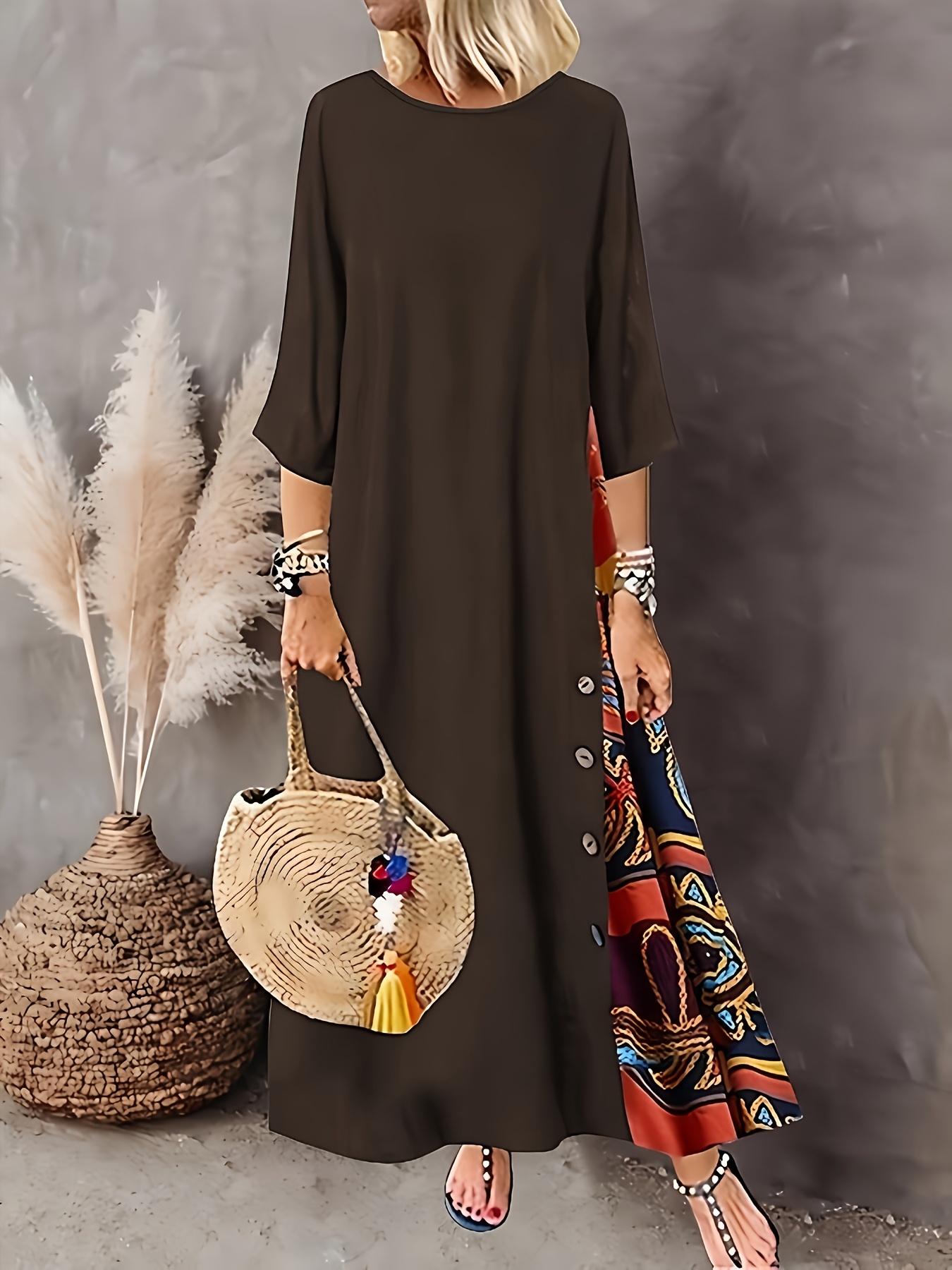 womens casual plus size dress three quarter sleeves round Temu