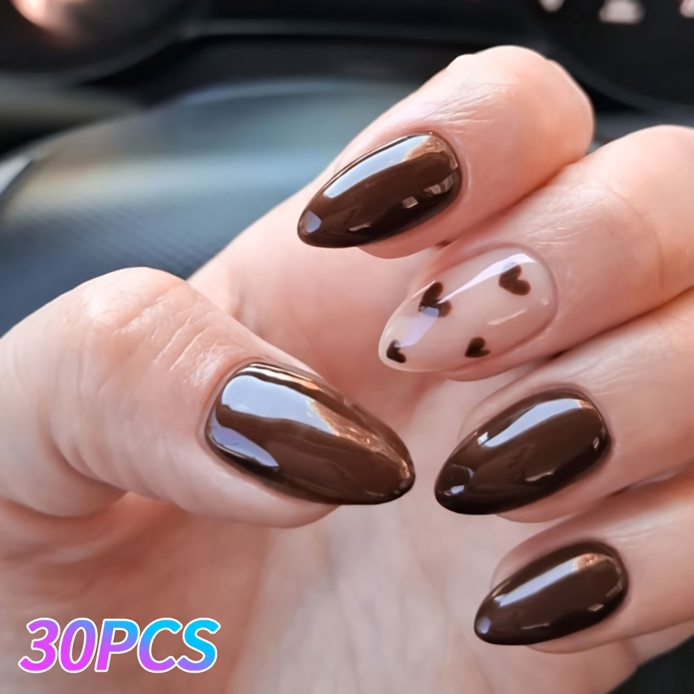 TEMU 30pcs Medium Almond Press-on Nails, Solid Dark Brown And Sheer Nude Base With Tiny Brown Heart Print, Easy Warm Autumn , Reusable Nail Decor For