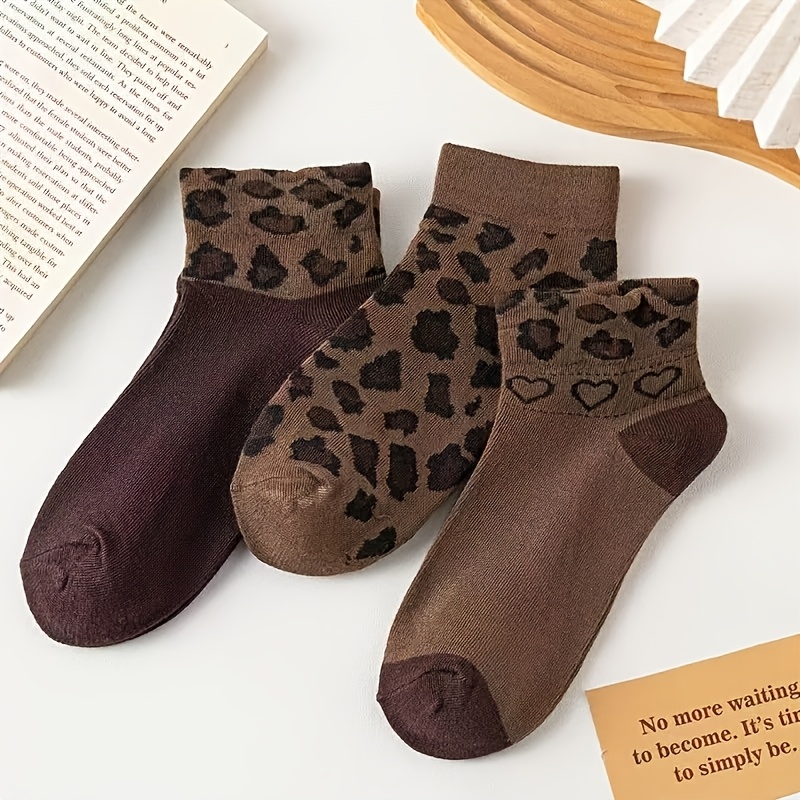 Image of 3/6 Double-sock 's Spring/ Leopard Print Coffee Women's Short Socks Maroondale Color Fashionable And Trendy