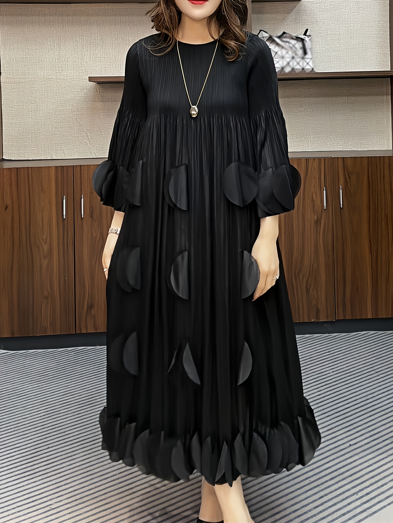 chinese dress ladies Tracy Studio Black Stone Orchid Embellished V-Neck Dress