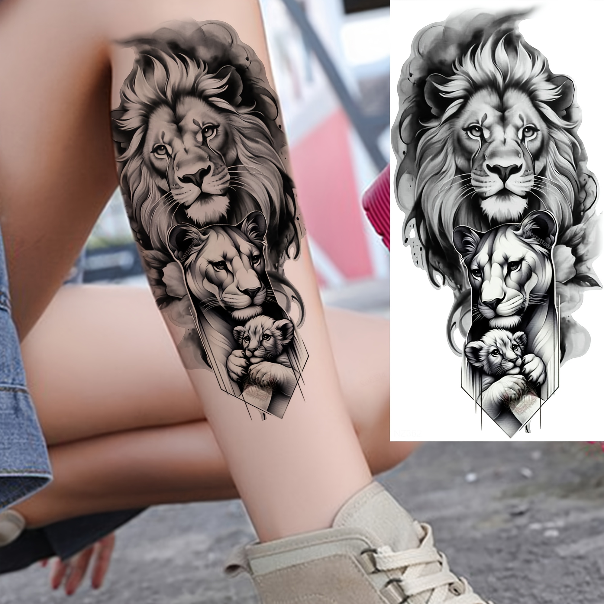 1 Sheet Lion Temporary Tattoos Suitable For - Realistic Waterproof Long-lasting Fake Tattoo Stickers With Lion Face, Half-sleeve Body For Parties, Festivals, Thigh, Arm, Forearm Designs