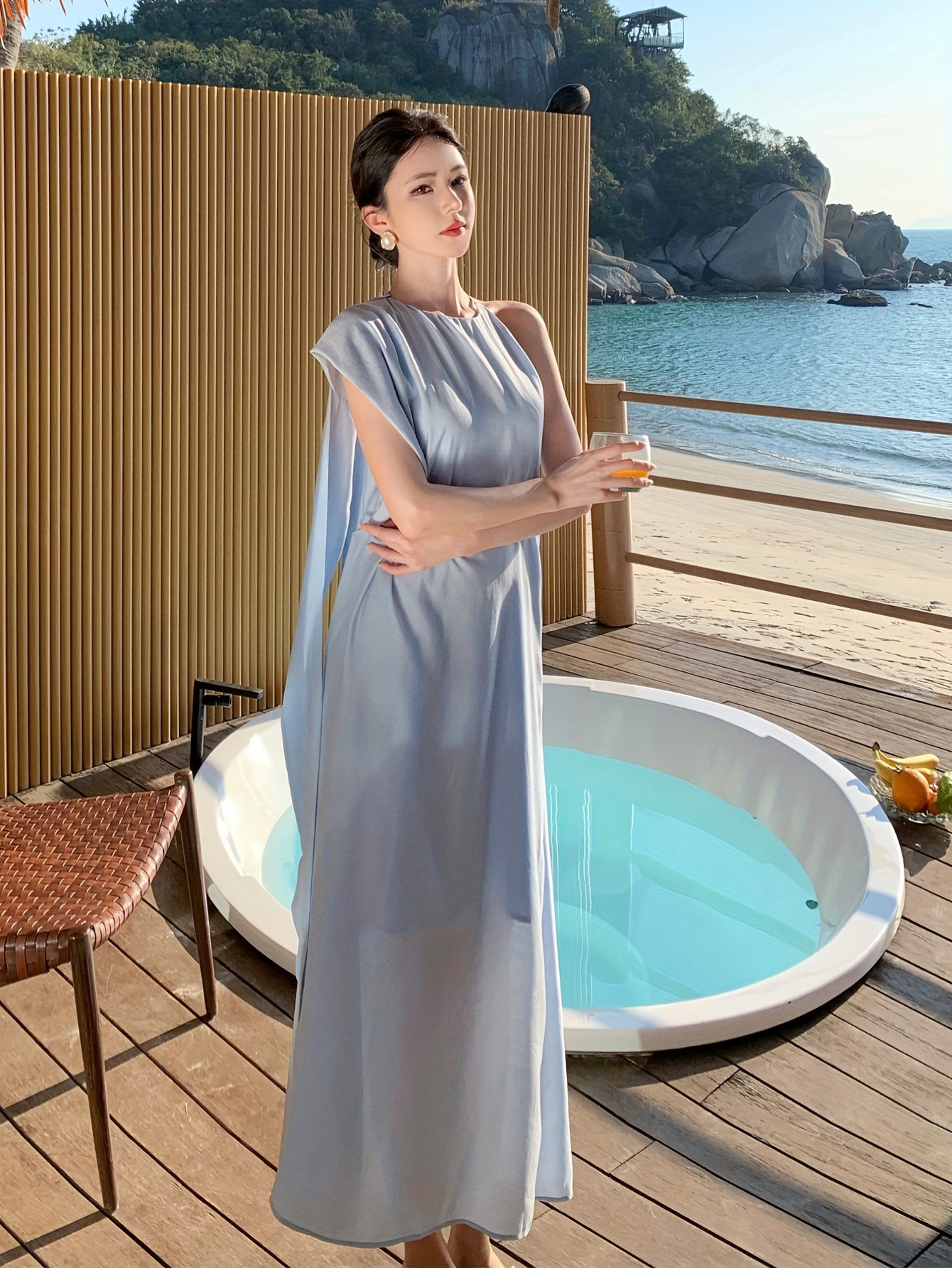 light blue backless maxi dress french inspired loose fit