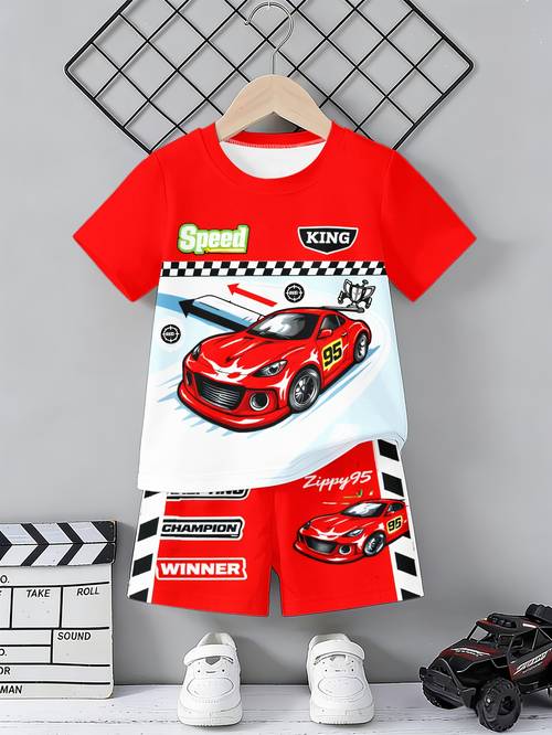 item picture boys casual and stylish 2pcs set short sleeve pullover t shirt with print shorts soft breathable and comfortable summer outdoor sportswear for boys childrens outdoor trendy and fashionable childrens clothing