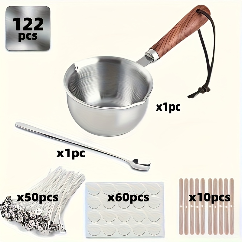 Image of 122pcs/set Candle Making Kit Supplies, Including 1 Long Handle Mini Stainless Steel Pot, 10 Wooden Candle Wick Holders, 50 Candle Wicks, 60 Candle Wick Stickers And 1 Spoon
