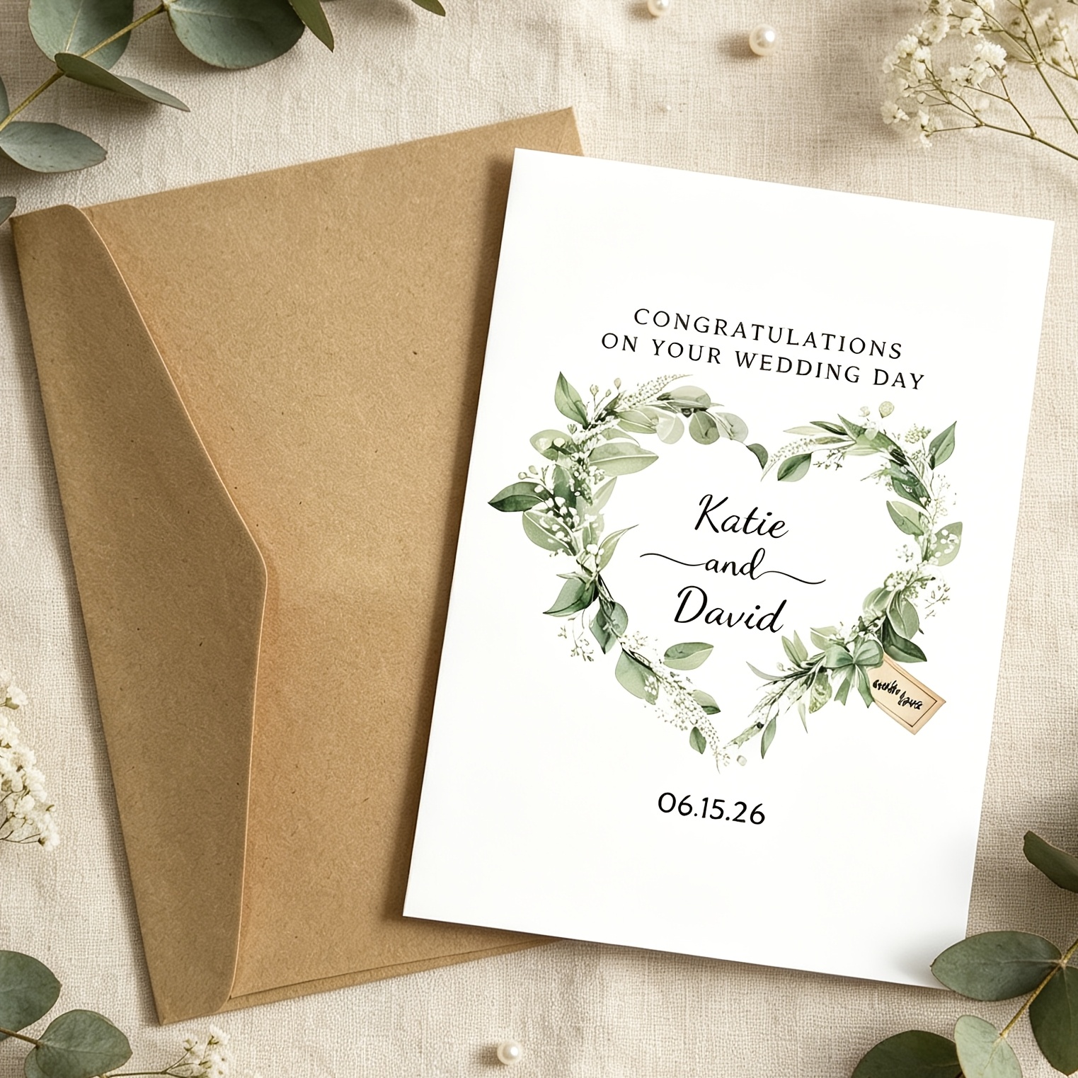TEMU Personalized Eucalyptus Heart Wedding Card With Envelope, Custom Names & Date Greenery Wedding Congratulations Card