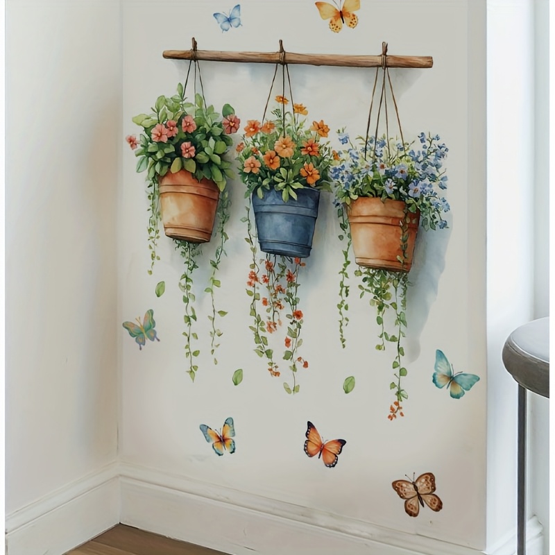 Classic Realistic Potted Colorful Flowers and Butterflies Wall Sticker, Self-Adhesive Decal for Living Room, Bedroom, Study, Kitchen, Dining Room, Removable PVC Mural