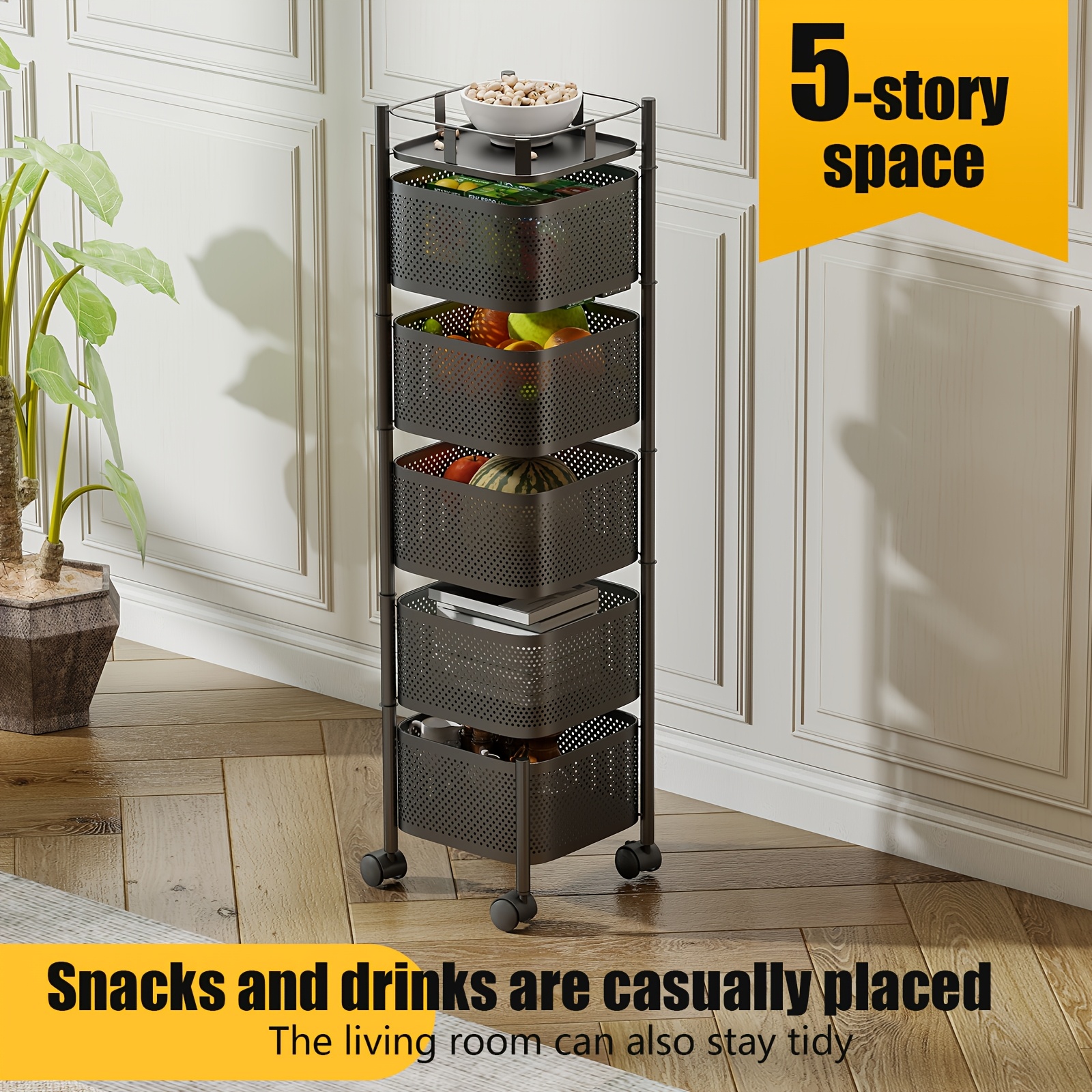 TEMU 1pc Heavy-duty 5-tier Rotating Mobile Storage Cart With Spinning Shelves & Floor-standing Base Suitable For Office,, - Space-saving Rolling