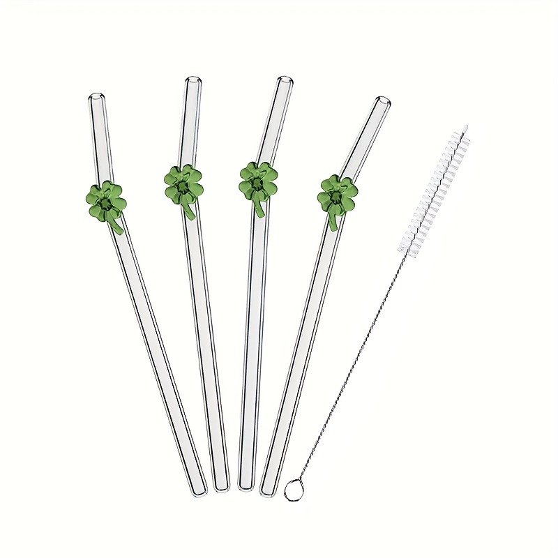 E-shop 4 innovative Kleeblatt-förmige, wiederverwendbare Borosilikatglas-Strohhalme | 8 mm × 7,87" mit Reinigungsbürste - Geeignet für heiße und kalte