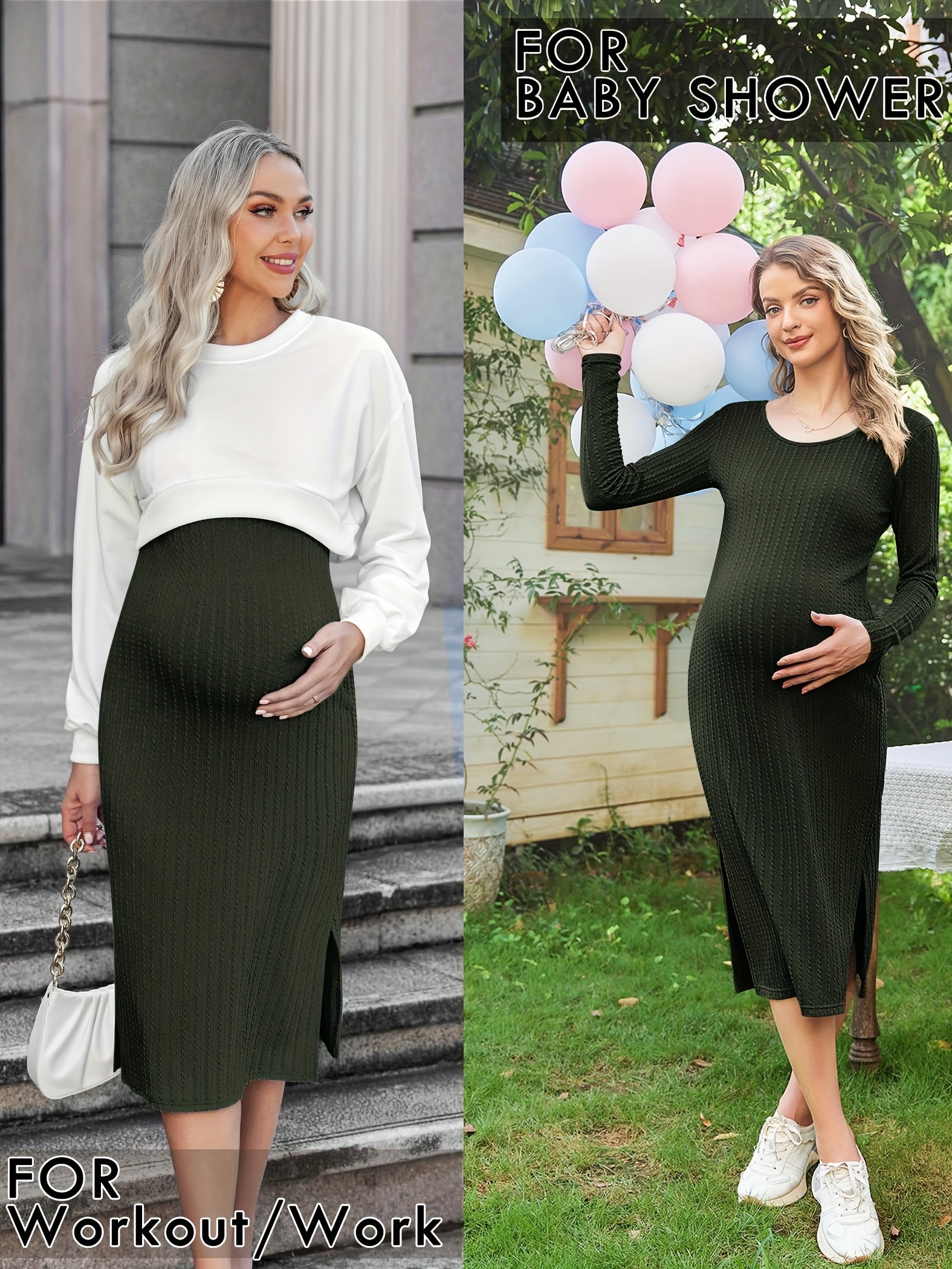 Solid Color Maternity Dress, Rib Knit Long Sleeve Side Bodycon Dress,  Pregnancy Wear
