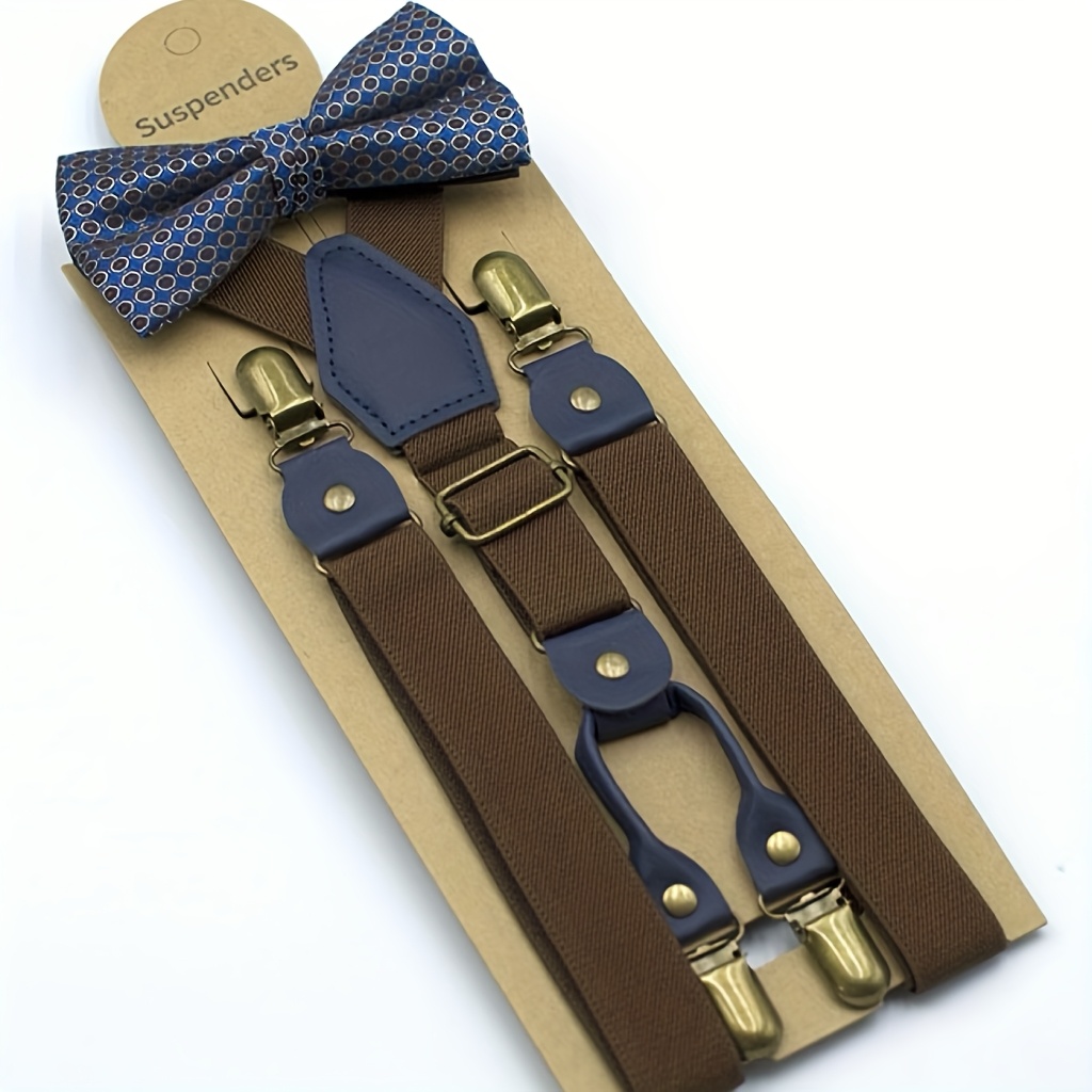 Image of 2pcs British Style Suit Pants With Elastic Suspenders, Suspender Shirt With Bow Tie, Versatile Unisex Fashion Casual Suspenders, Ideal Gift For