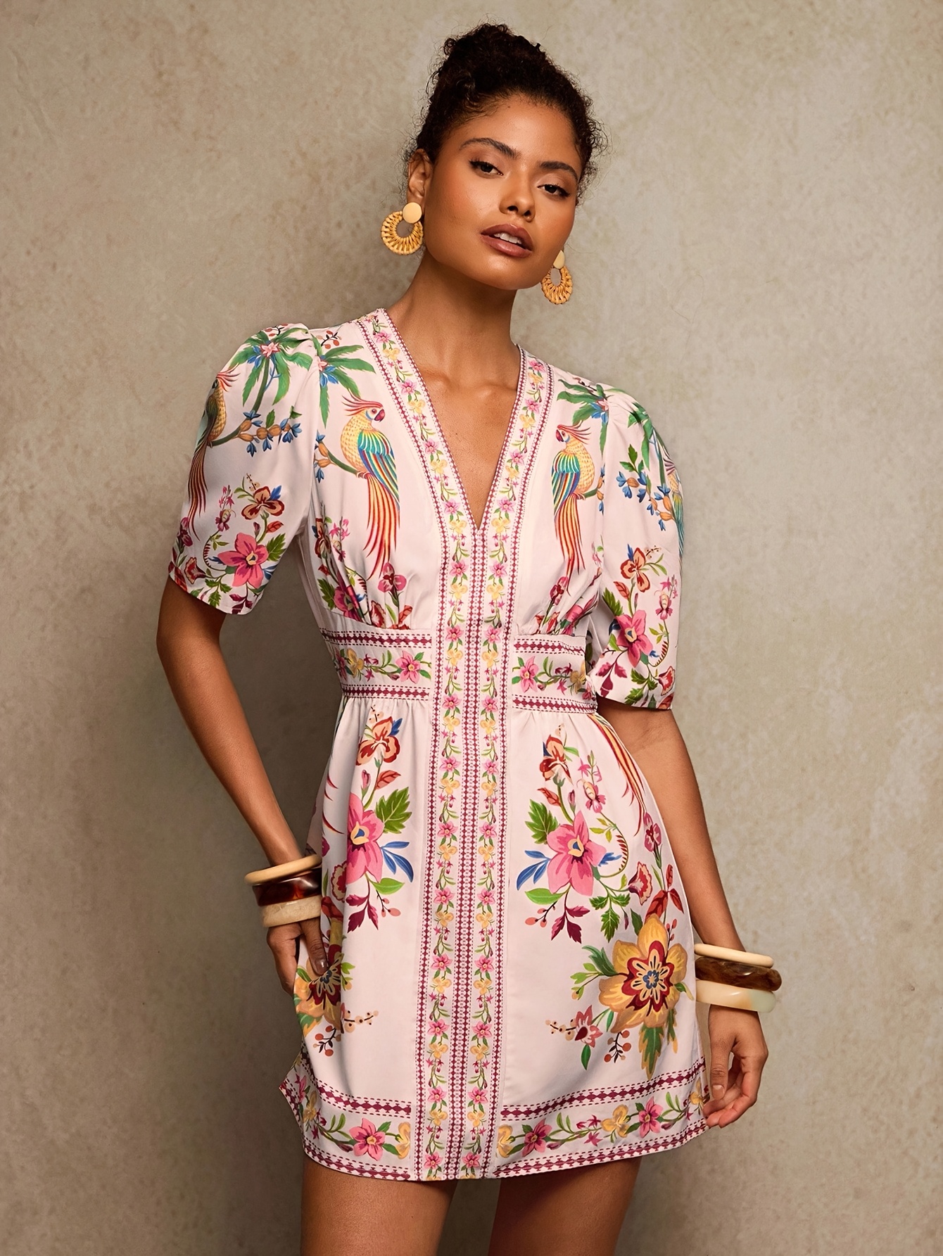 brown embroidered rose dress temu Spring and Autumn Styles Colorful Geometric Tribal Embroidery Design *  Elegant Style Round Neck Long Sleeve Dress