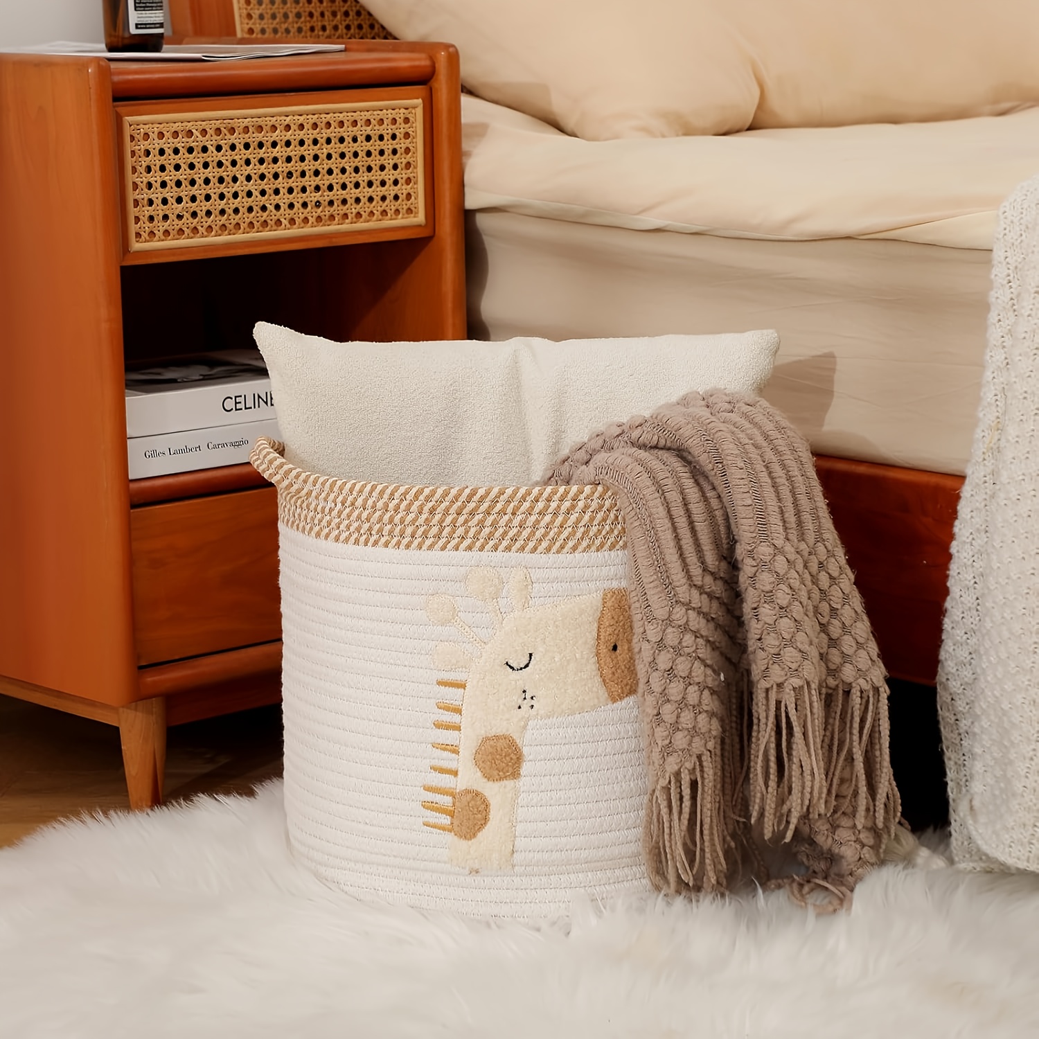 A Giraffe-patterned Woven Storage Basket For A, Suitable For Storing Clothes, Bibs, Formula, And Bottles, Featuring Handles And Multifunctional Use