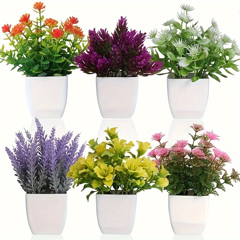 

6-piece Set Of Mini Artificial Potted Plants - Lifelike Faux Pots For Home & Office Decor