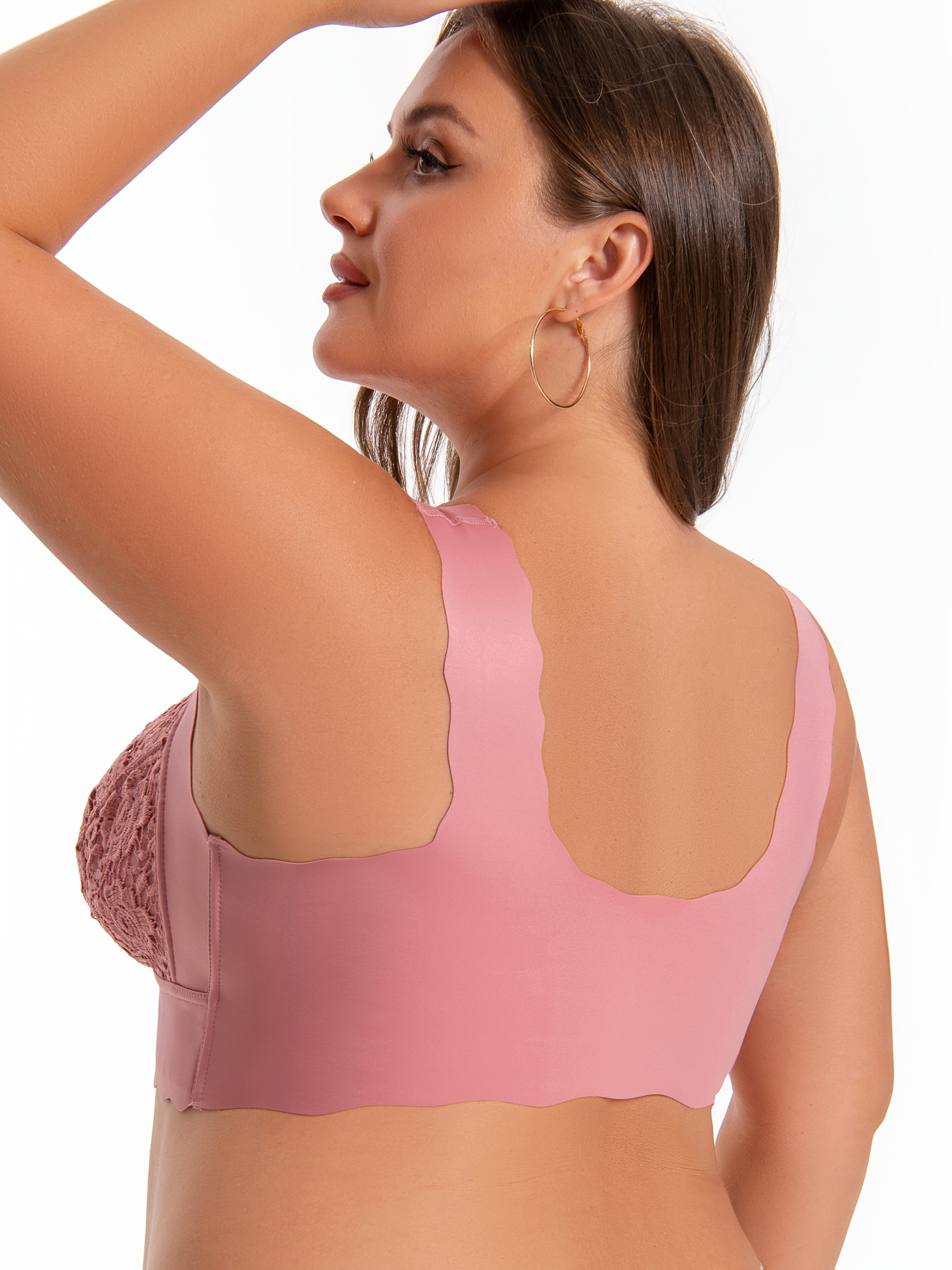 Plus Size High Support Seamless Non-Wired Wide Shoulder Strap Bra with Front Closure, Lace Detailing, V-Neck, Stretch Design, Comfortable Breathable, Suitable for Casual Attire, Ultra-Fitted Vest Style