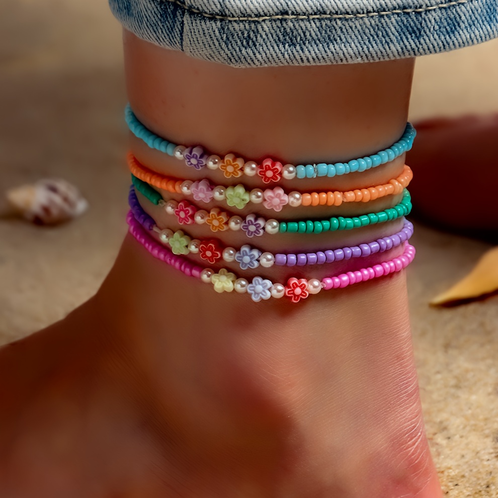 

5pc, Beaded Ankle Bracelets Set, Boho Vintage Style, Fashion Stackable Bead Anklets, Beach Vacation Foot Jewelry, Summer Accessories