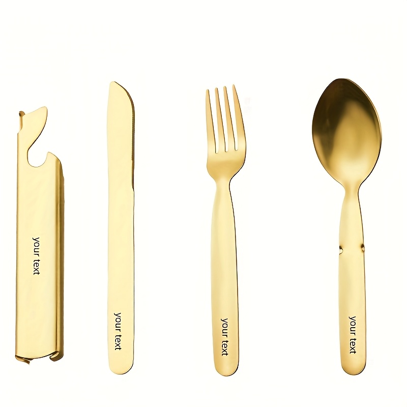 personalized and travel friendly stainless steel outdoor cutlery set with knife fork and spoon including bottle opener   stainless steel portable camping and travel gear in vintage golden and silvery color Product details 8