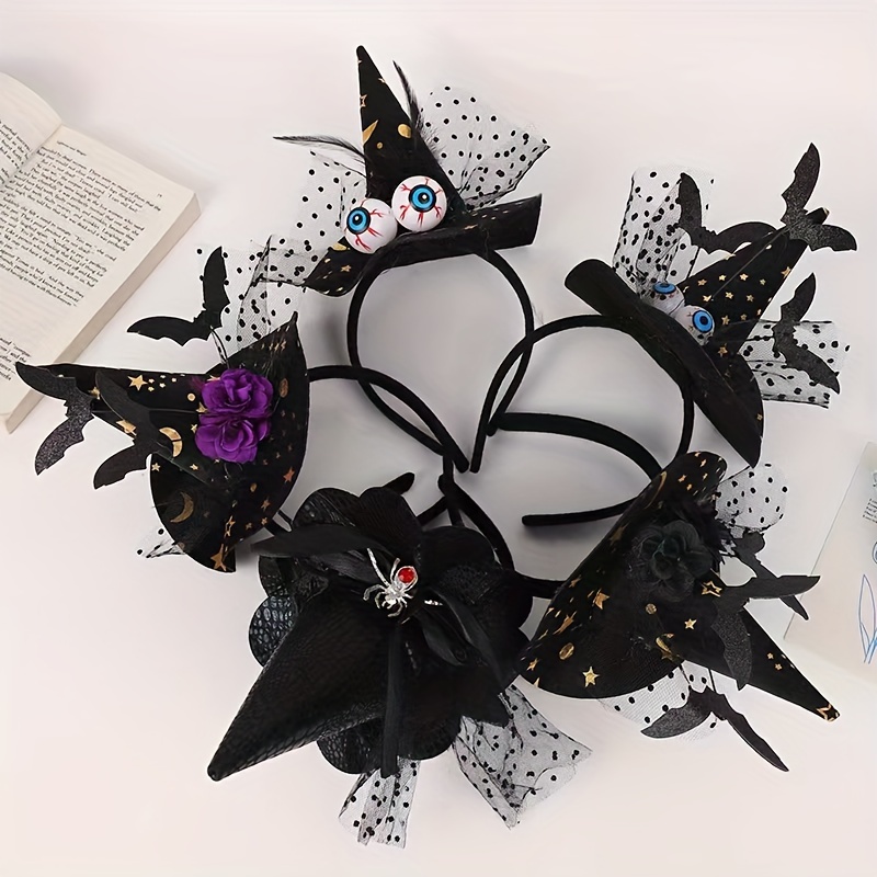 

Halloween Witch Hat Headband With Scary Eyeballs, Bat & Spider Accents, Cute Hip Hop Style Feathers Party Performance Decorative Hair Accessory