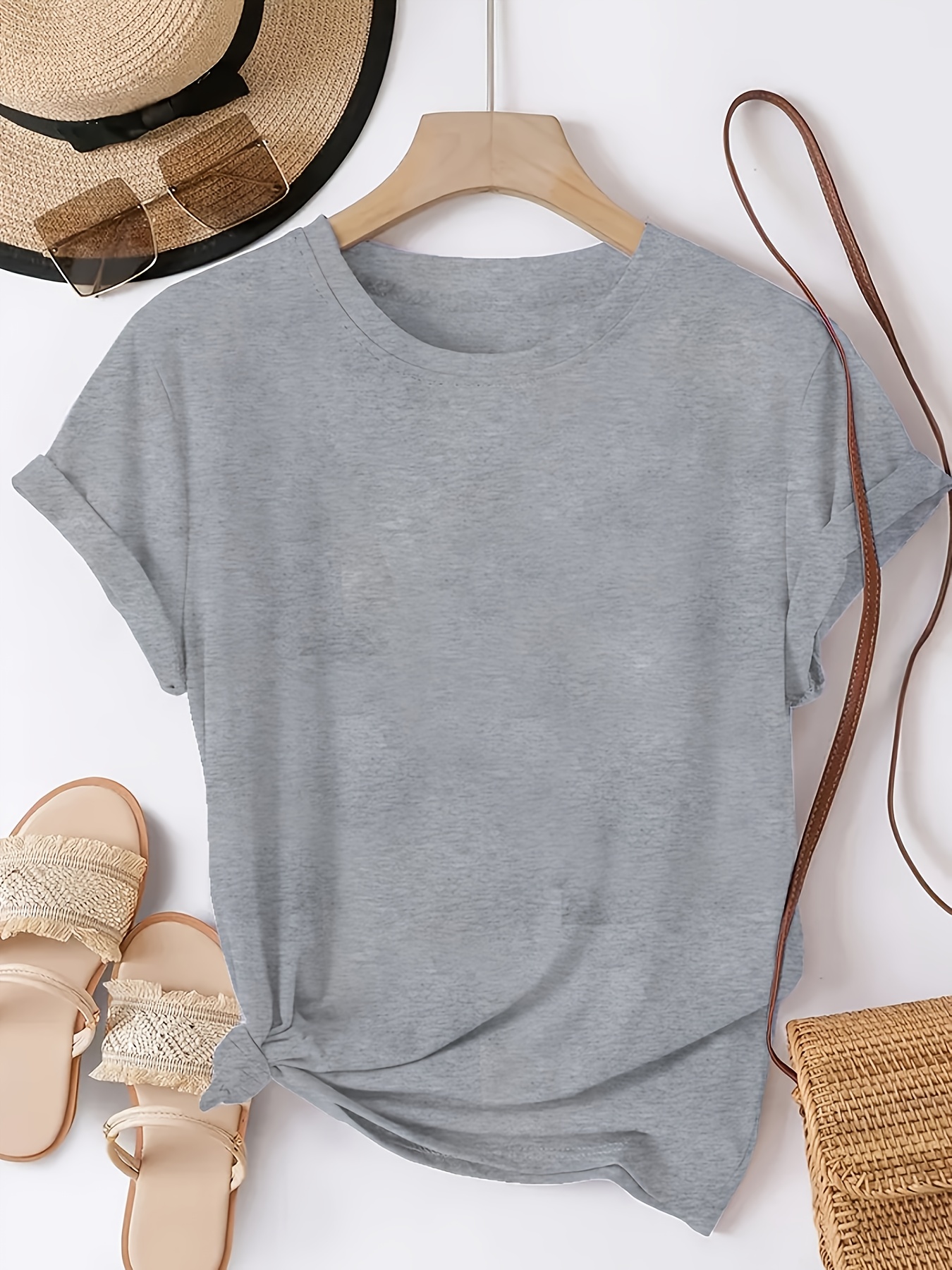 Solid Color Crew Neck T-Shirt, Casual Short Sleeve T-Shirt for Spring & Summer, Women's Clothing