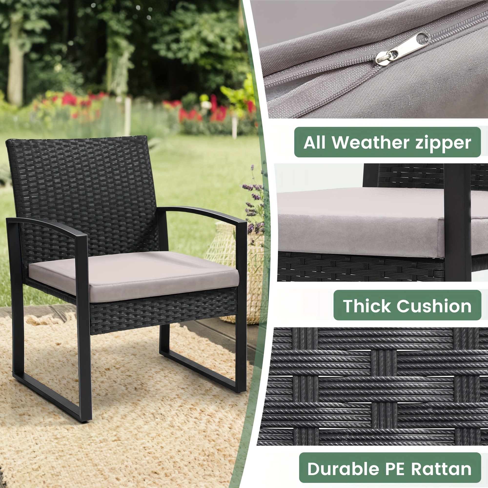 Outdoor Patio Furniture Set, Wicker for 3 People Conversation Set Includes 2 Waterproof Chairs, Thick Cushions and 1 Small Bar Table, Safety Glass Roof