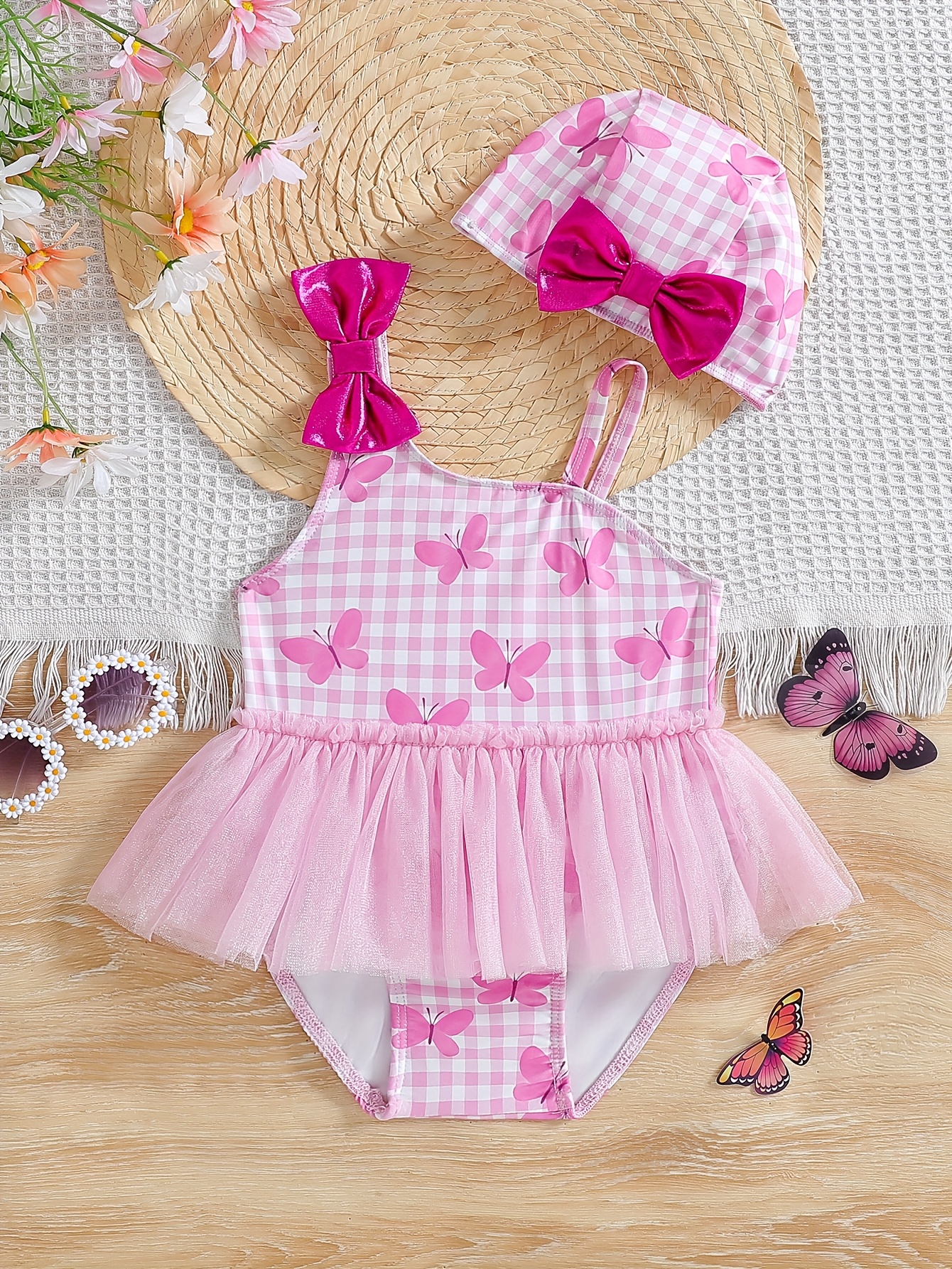 2025新款女婴夏季撞色蝴蝶结彩色美人鱼连体泳衣可爱卡通拼接网纱裙式平角可爱风游泳装适合海边沙滩| temu {reg - Temu Malaysia, image size:800x1066