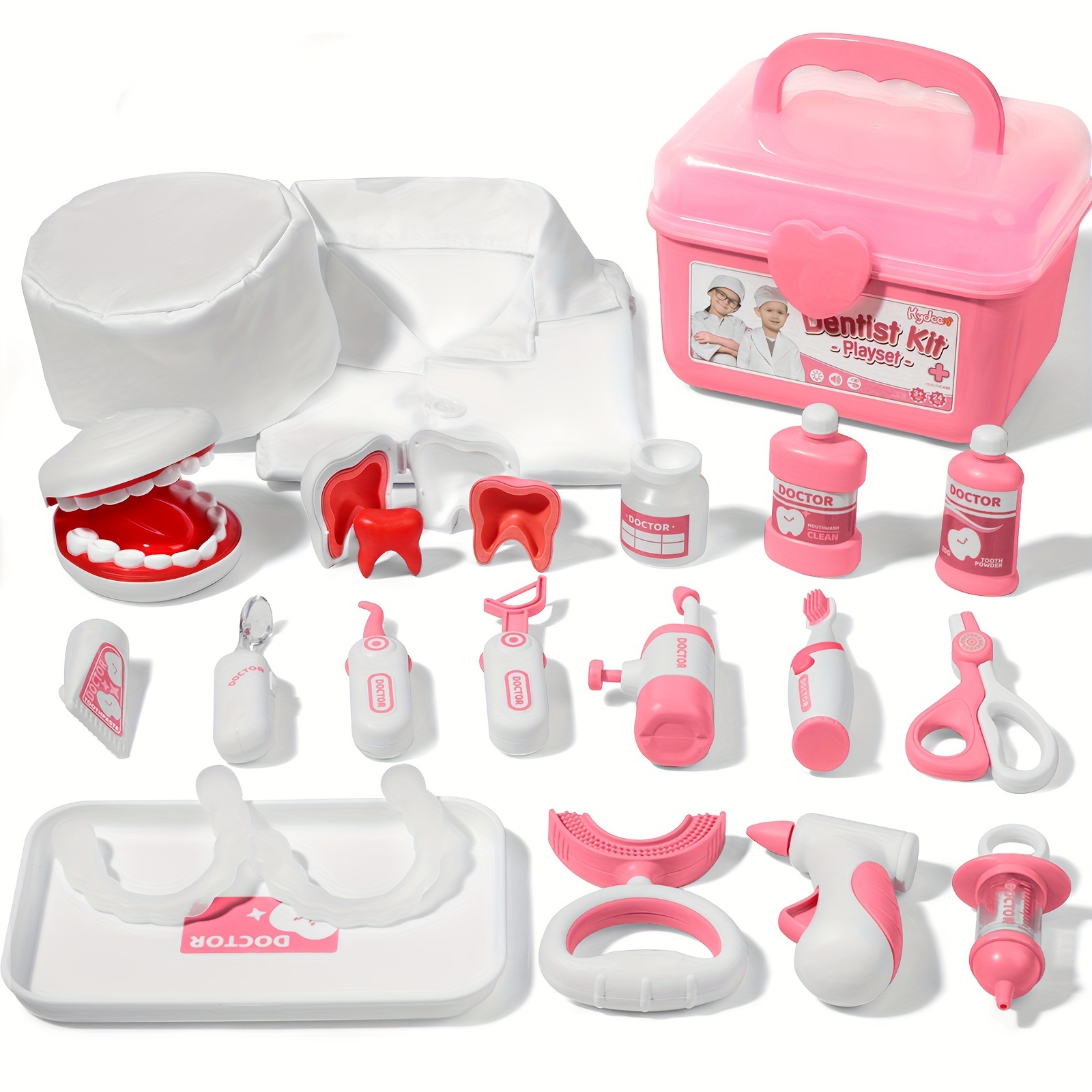 

24pcs Dentist , Doctor Kit With Teeth Set & Costume For Toddlers 3-5 Years Old, Pink Medical Playset For Girls Gift