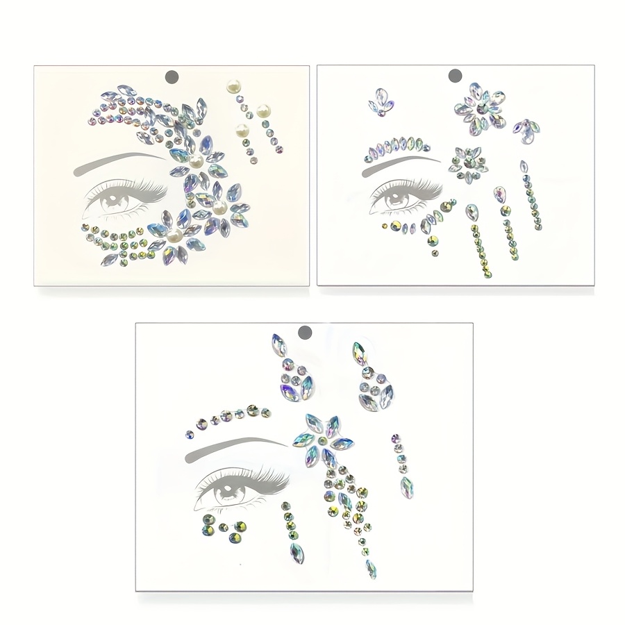 E-shop 3 Stk. Glitzernde Rhinestone-Augen-Schmuck-Aufkleber - Glitzernde -Diamant-Gesichtsdekorationen, geeignet für Feste, Cosplay, Partys und Fotos,