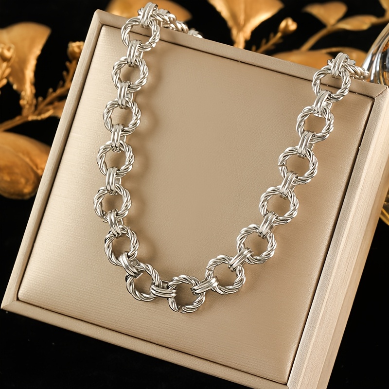 TEMU 1pc Stainless Steel Metal Silvery Color Chain Necklace For Women Punk Neck Chain Waterproof Jewelry Bijoux