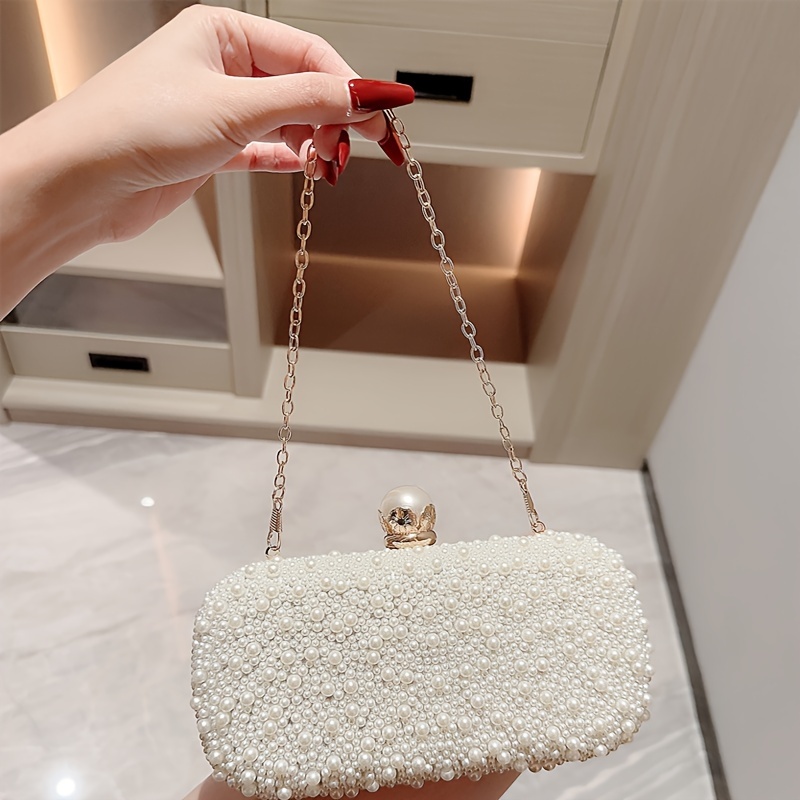 

Pearl Embellished Evening Clutch Bag, Elegant Bridal Engagement Purse With Chain, Polyester Lining, Closure, Fashion Banquet Handbag For Women