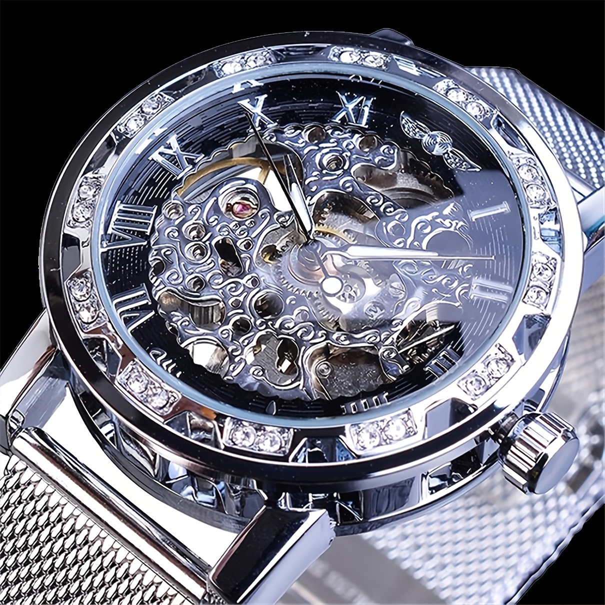 TEMU Orologio meccanico elegante da con accenti di strass e cinturino a maglia traforata