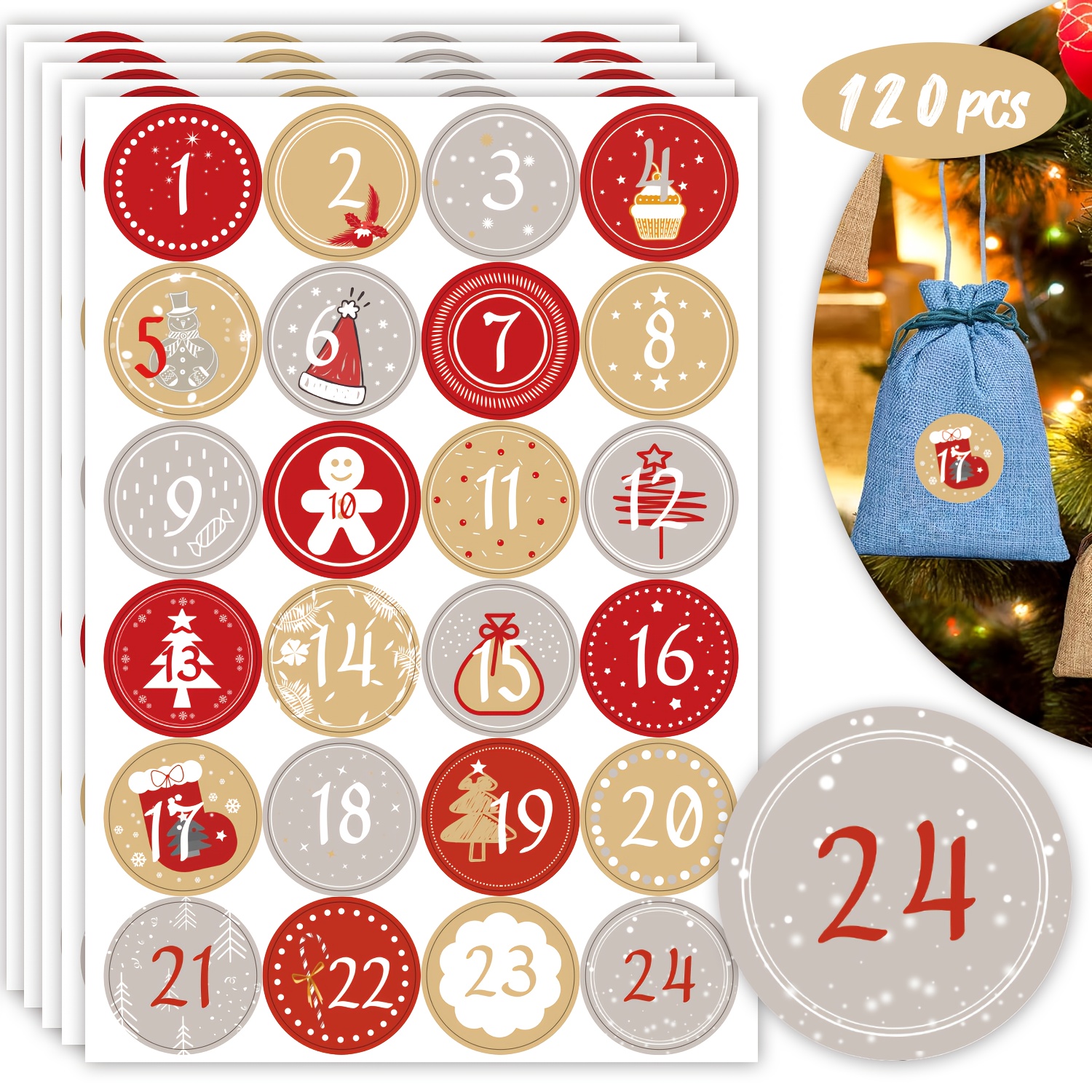 TEMU 120pcs Christmas Countdown Calendar Sticker Set | Red, Golden, And Silver Christmas-themed Number Stickers From 1 To 24 | Designs Of Christmas
