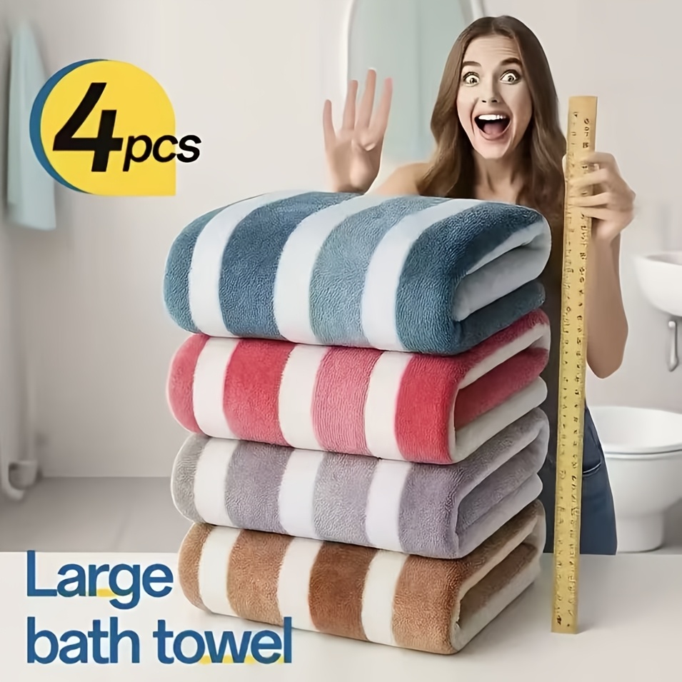 TEMU Set Of 4 Bath Towels Measuring 70x140cm With Wide Stripes, Made From Soft And Absorbent Fibers That Do Not Shed. Feature A And Are Perfect For Home Use, Travel, Outdoor Activities, Showering
