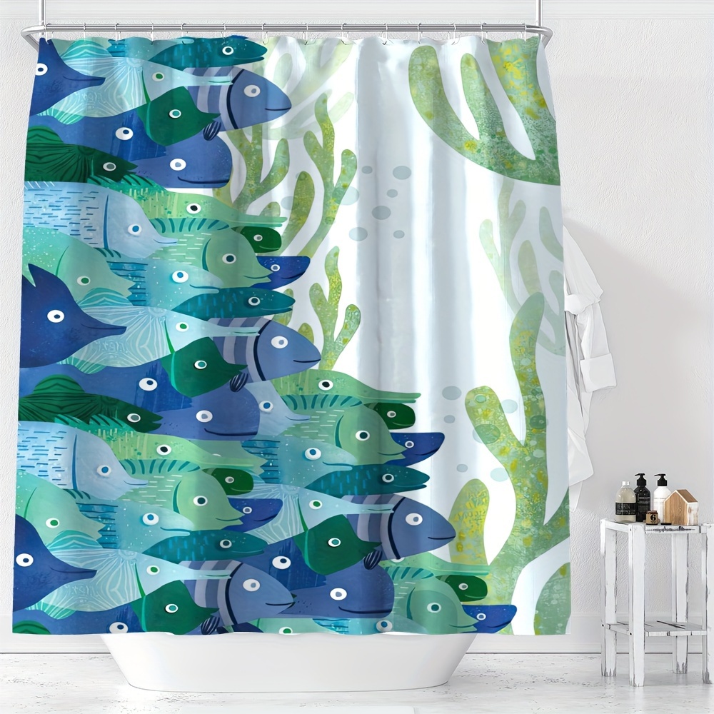 

Cartoon Fish Pattern Shower Curtain - Waterproof, Machine Washable With Hooks Included