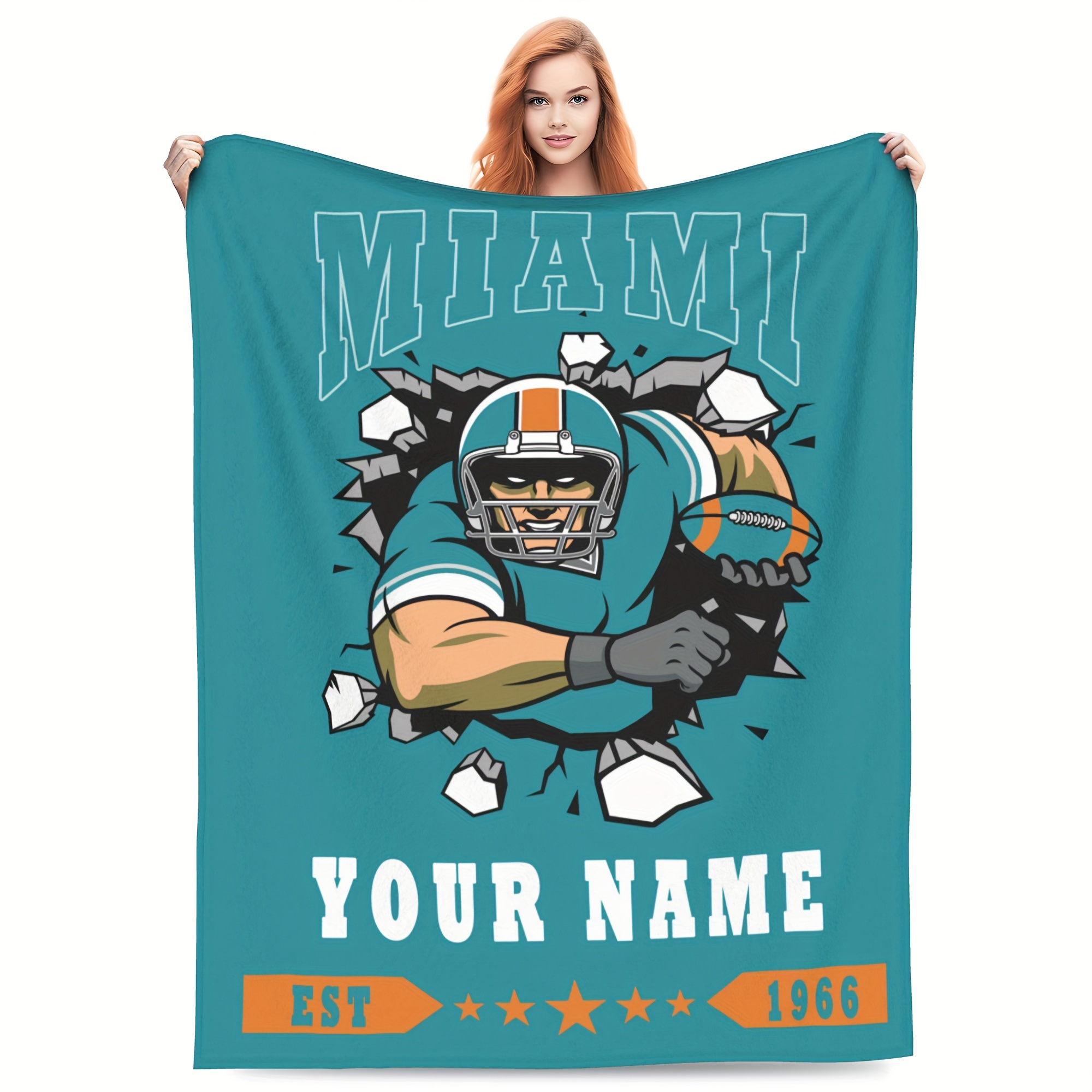 

Personalized Miami Football Team Flannel Throw Blanket - Custom Name Text, For All , Ideal For Travel & Home Decor, Perfect Gift For Sports Fans