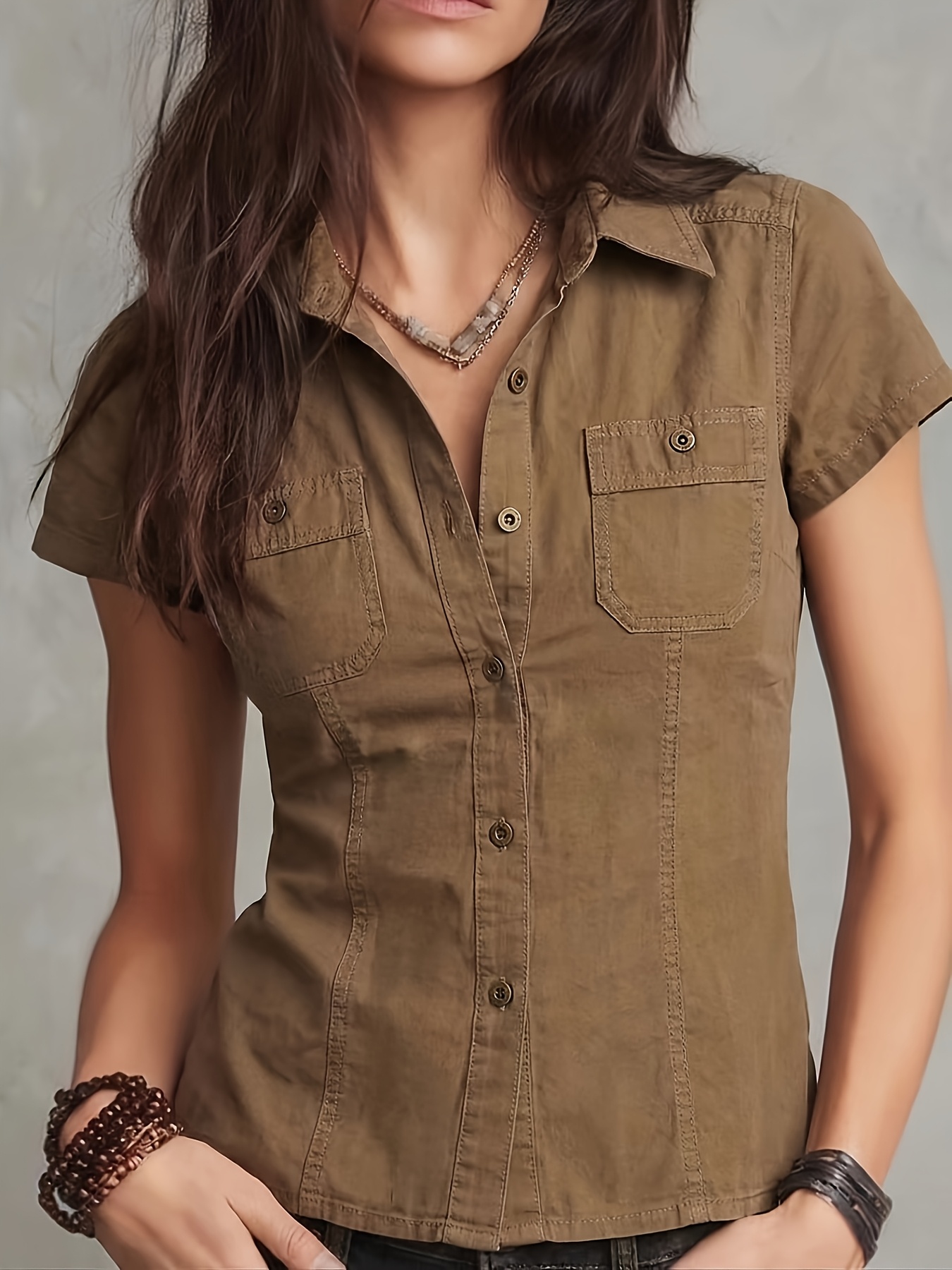 Summer Women'S Elegant And Fashionable, Vintage Double-Pocket Button-Decorated Short Sleeve Washed Women'S Shirt, Suitable for Daily Outing And Commuting