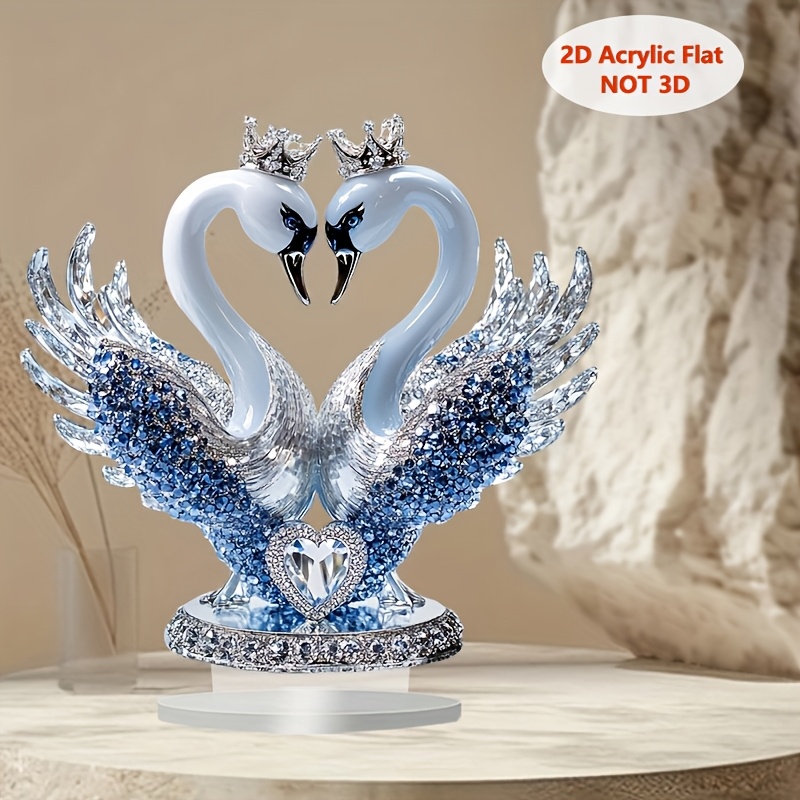 

2d Flat, Romantic Heart-shaped Crown Swan Figurine - Acrylic Art Desk Decor, , Unique Gift Idea