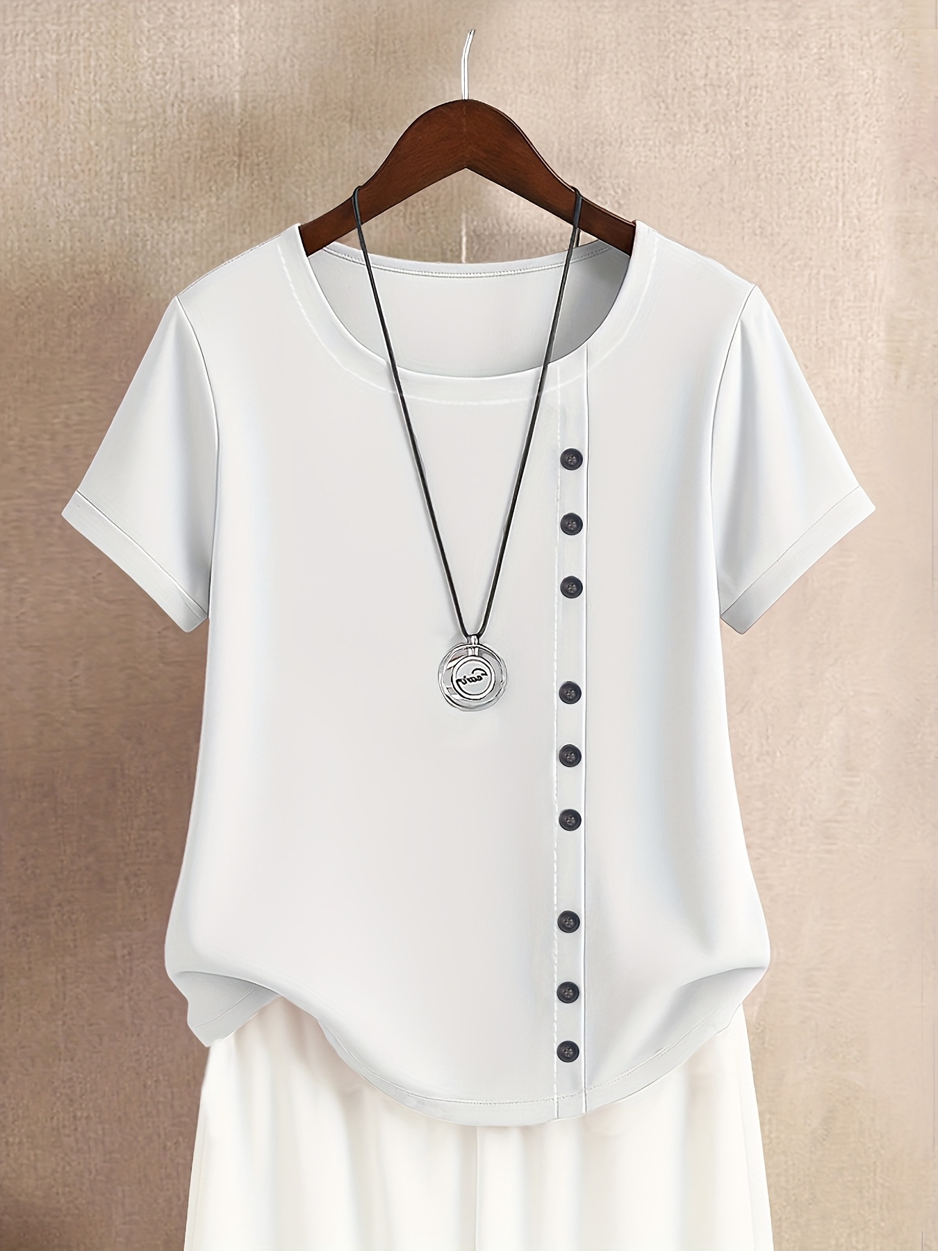 womens casual short sleeve printed button detail top comfortable round neck machine washable   versatile blouse loose fit lightweight fabric