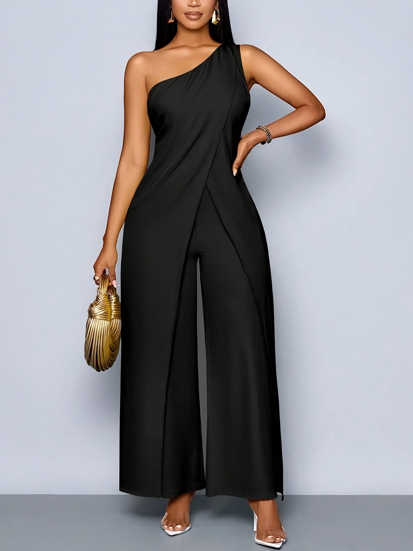 women's elegant asymmetric one shoulder jumpsuit solid color