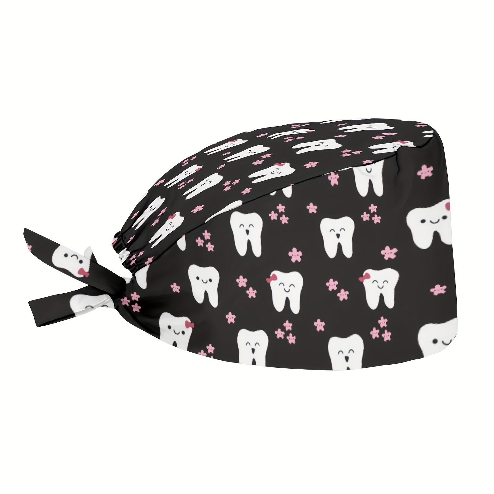 Image of 1pc Tooth Dental Theme Print Beanie Caps With Adjustable Tie Back Hat Working Cap, Nursing Surgical Cap, Shower Cap Suitable For Women Dentist Scrubs Cap