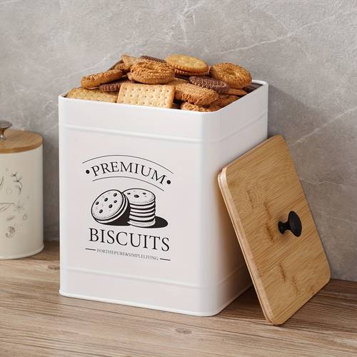 1pc heavy duty metal biscuit storage box with wooden lid dishwasher safe stackable kitchen organizer for snacks office pantry white container with biscuits saving countertop storage rustic home decor construction vintage aesthetic sturdy build small