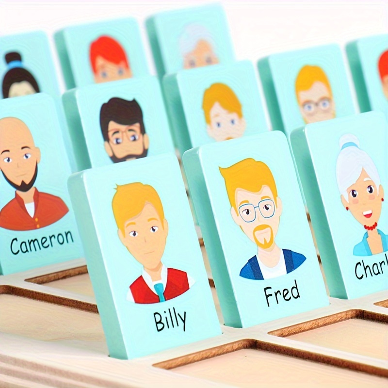 Houten Karakter Radspelbord - 36 Geïllustreerde Kaarten met Gelabelde Gezichten, Interactief Familieplezier voor Volwassenen, Educatieve Puzzelspeelgoed in Roze/Blauw, Perfect voor Kerstmis, Halloween of Verjaardagscadeaus