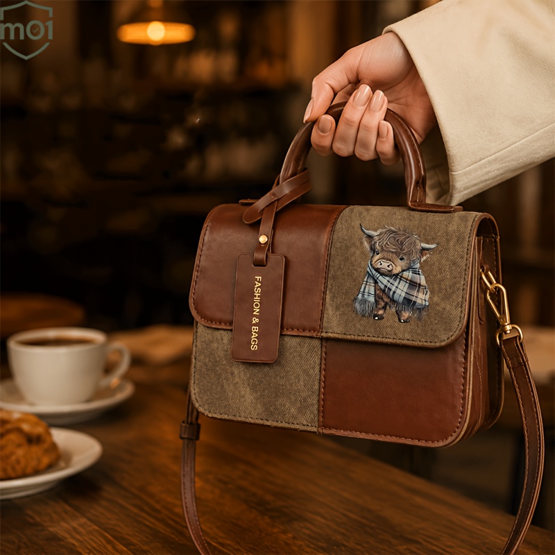 TEMU 1pc Women's Handbag Highland Cow Pattern Print Featuring A Vintage Square Shape Color- Magnetic Closure And Adjustable Shoulder Strap Suitable