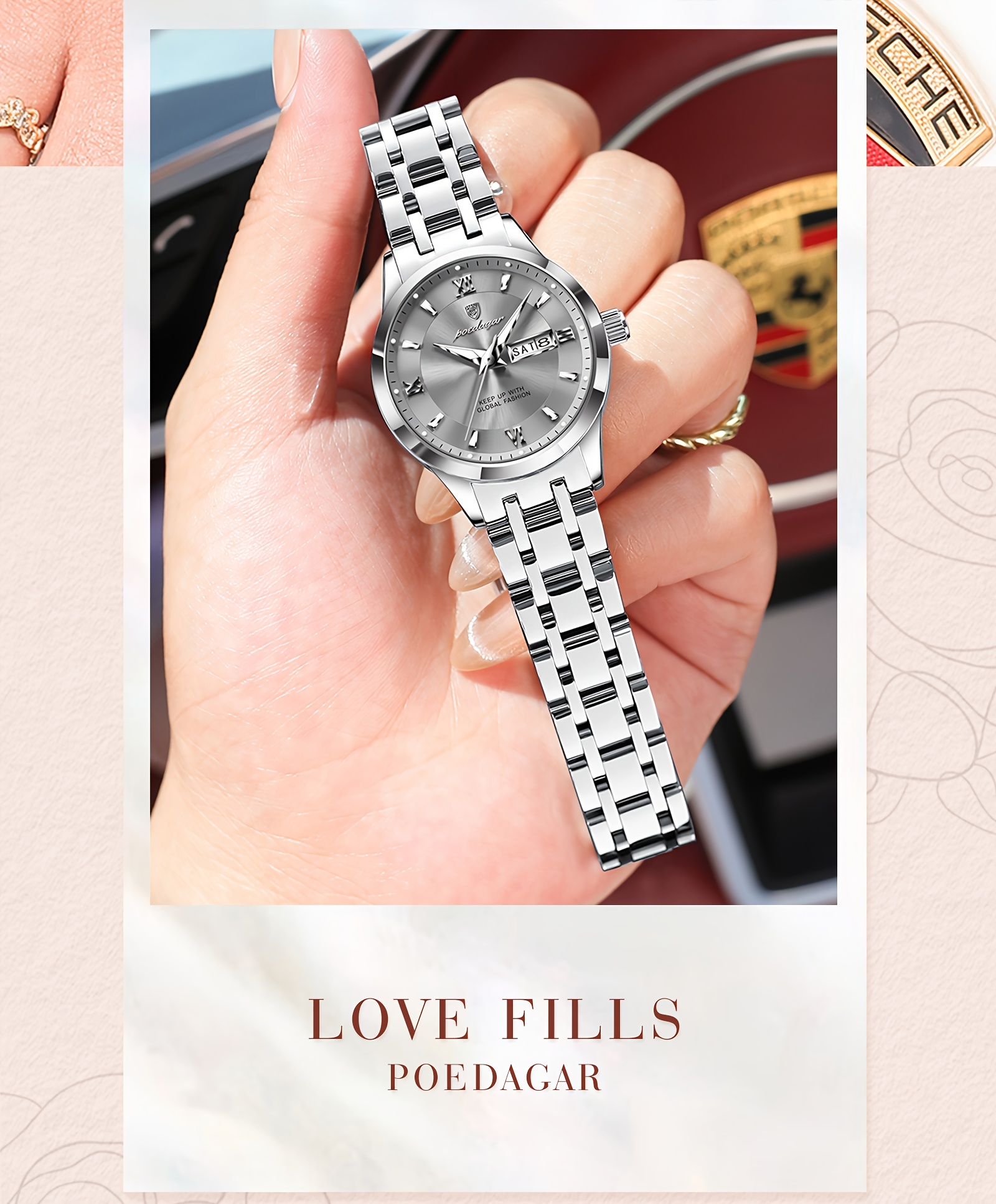 Ladies' Vintage Elegant Steel Strap Watch, Stainless Steel Quartz Wristwatch, Luminous Weekly Calendar Watch for Women