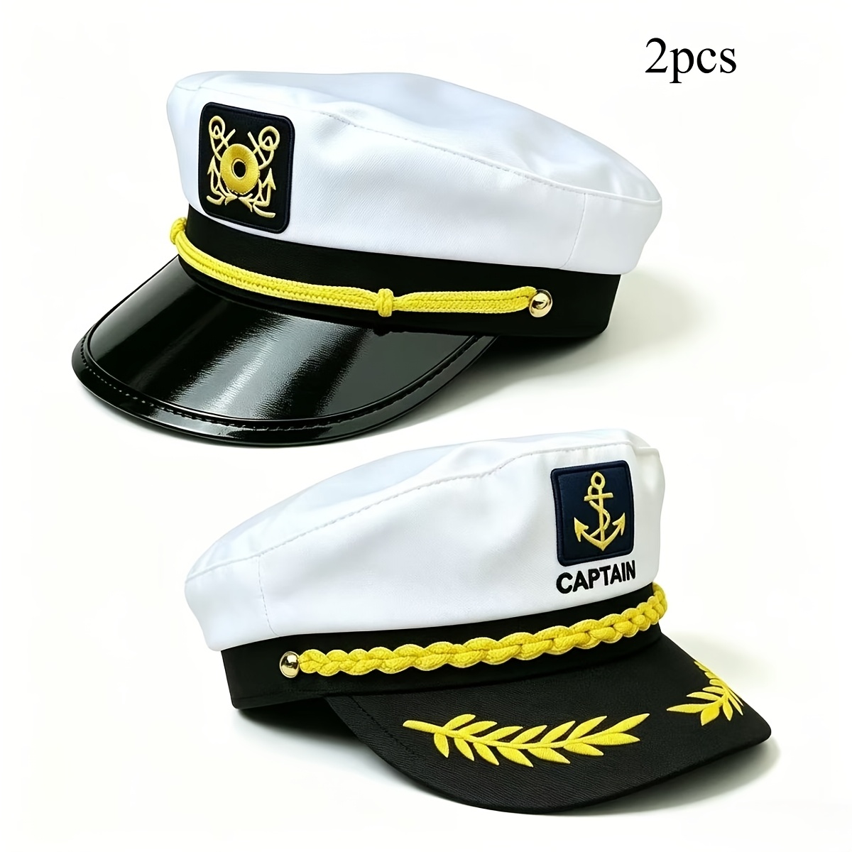 TEMU 2pcs Captain Hat, Adjustable White Sailor Yacht With Golden Embroidery, Unisex Nautical Accessory For Adults