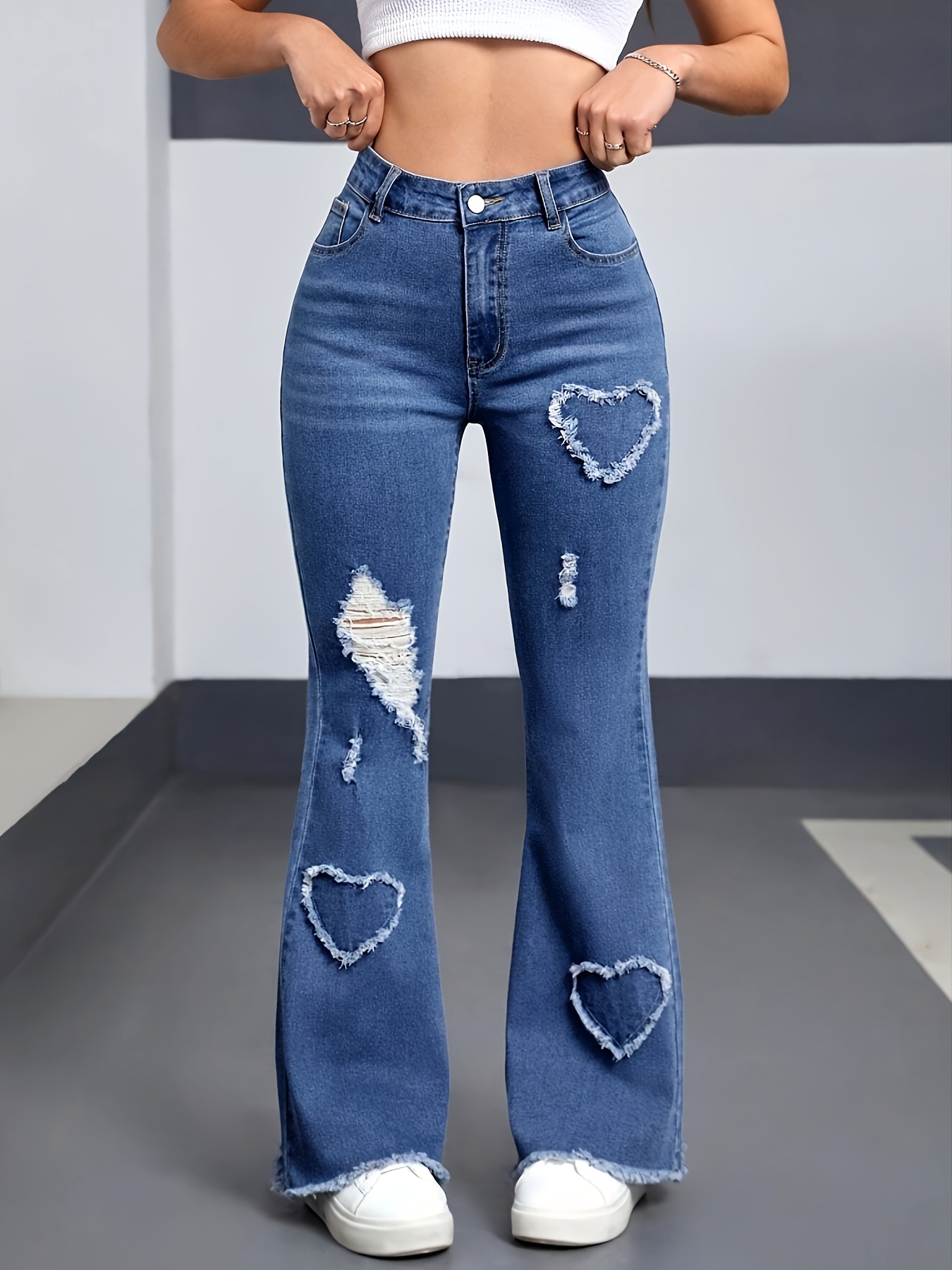 Women'S Stretchy Heart Pattern Flare Jeans | Casual Mid-Rise Denim with Raw Hem | Medium Stretch, Zipper Fly | All-Season Comfort | Fashionable Bell Bottoms | Versatile Clothing | Heart Design Jeans, Jeans for Women